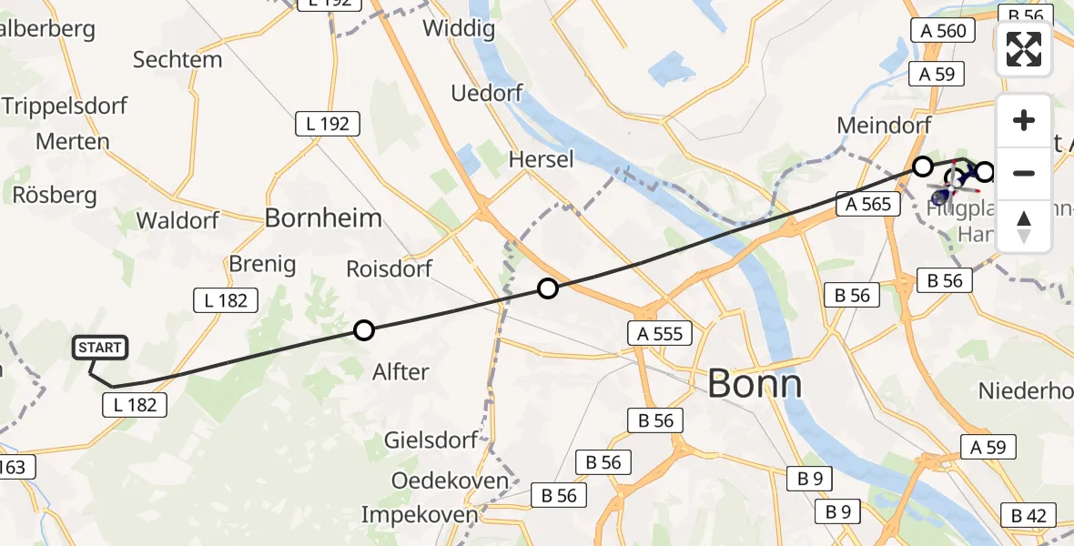 Flugroute Polizeihubschrauber Bornheim - Sankt Augustin, 22 Juli 2026, 20:39