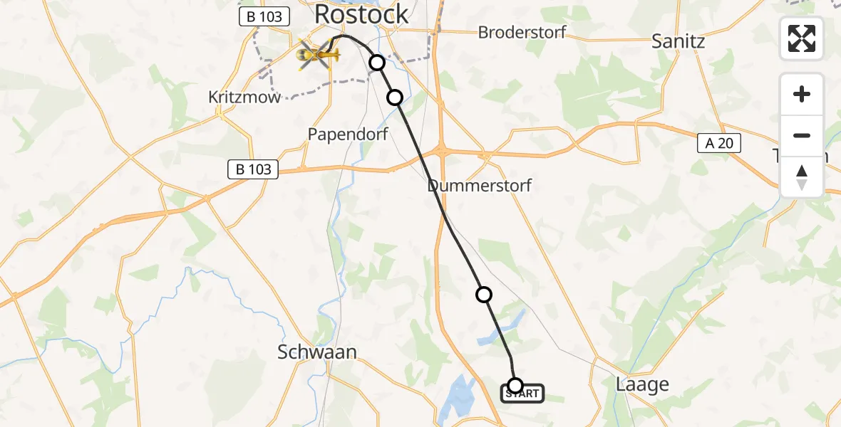Flugroute Rettungshubschrauber Flughafen Rostock-Laage - Rostock, 22 Juli 2026, 20:51