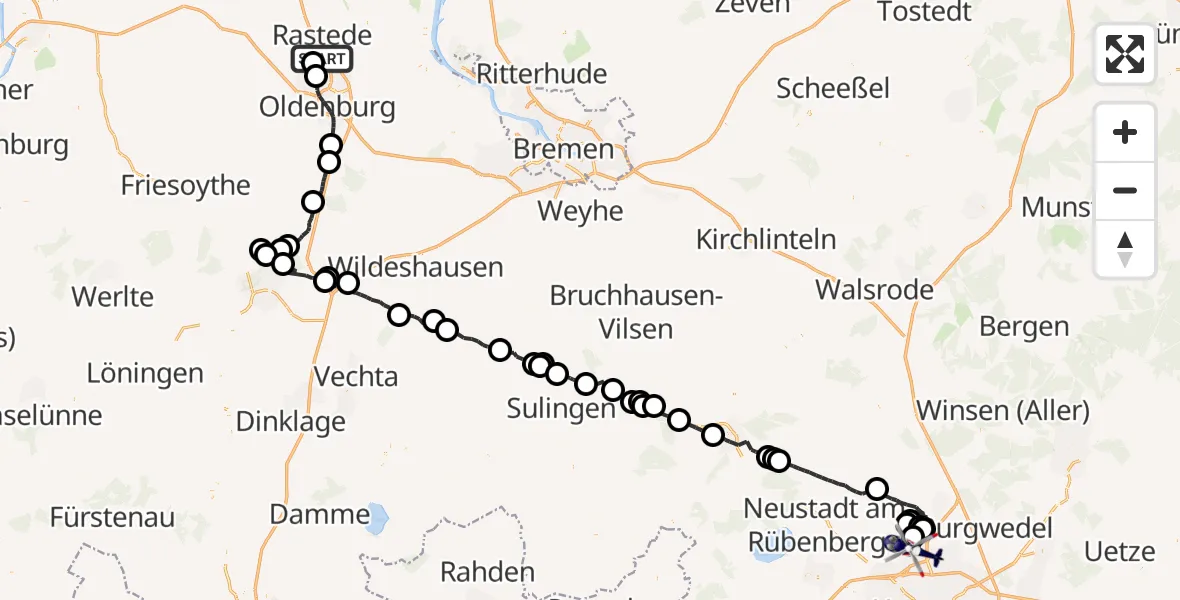 Flugroute Polizeihubschrauber Rastede - Flughafen Hannover, 22 Juli 2026, 21:08