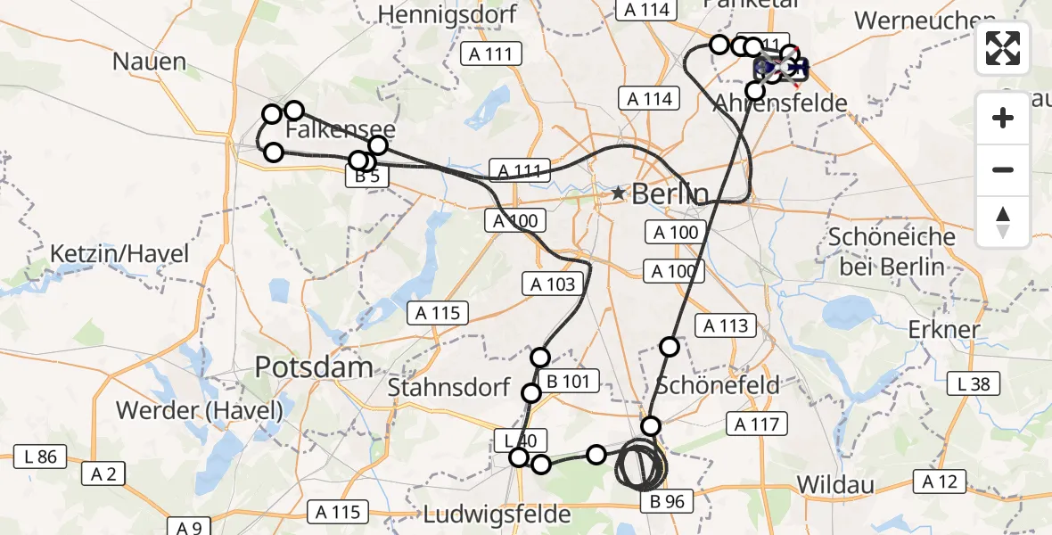 Flugroute Polizeihubschrauber Ahrensfelde Hubschrauberlandeplatz - Ahrensfelde Hubschrauberlandeplatz, 22 Juli 2026, 21:11