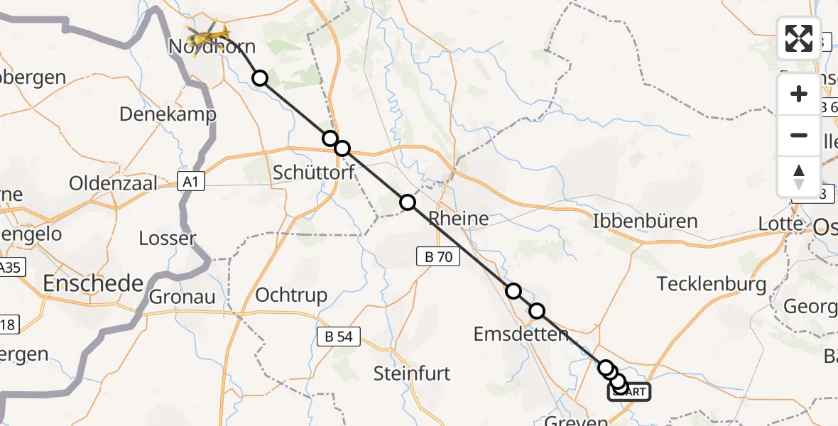 Flugroute Ambulanzhubschrauber Christoph  Westfalen-ADAC - Nordhorn, 22 Juli 2026, 21:34