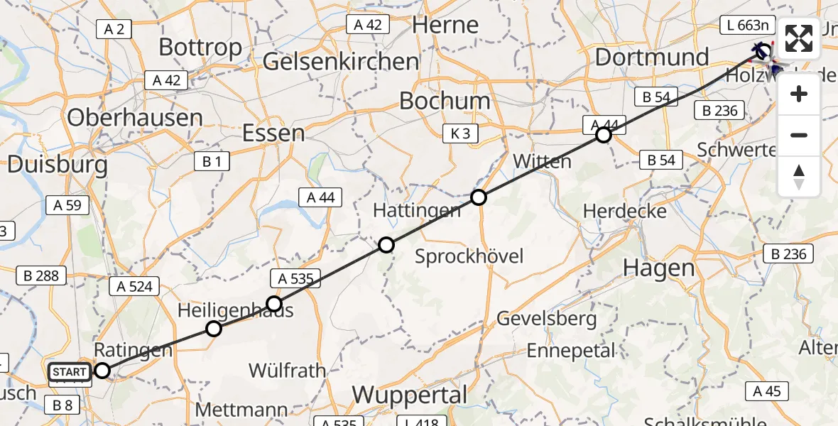 Flugroute Polizeihubschrauber Düsseldorf Flughafen - Dortmund Flughafen, 22 Juli 2026, 22:45