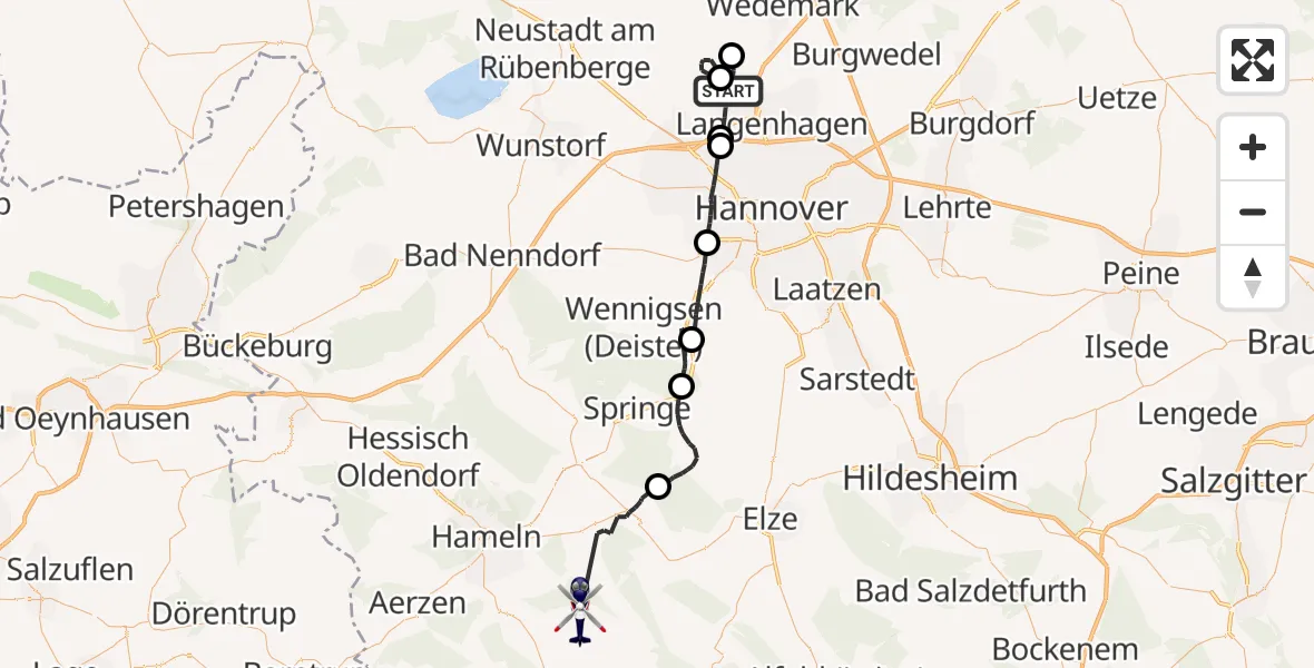 Flugroute Polizeihubschrauber Flughafen Hannover - Emmerthal, 22 Juli 2026, 23:45