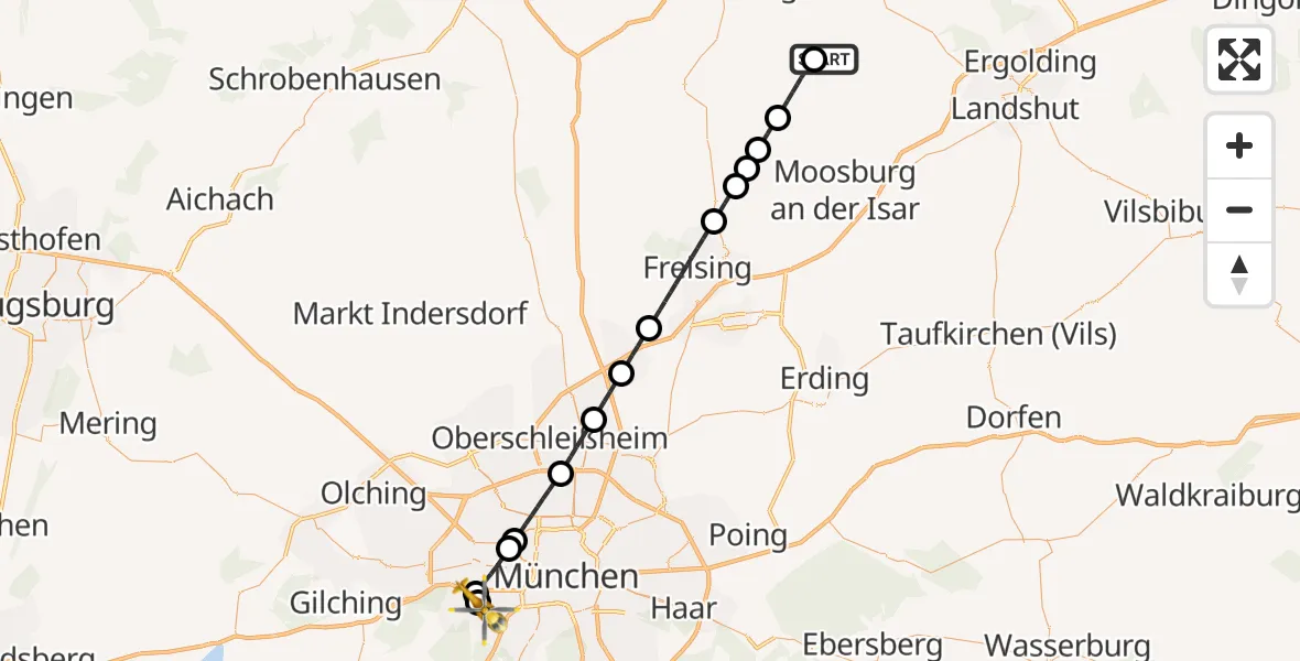 Flugroute Rettungshubschrauber Gammelsdorf - DRF Air Rescue München Hubschrauberlandeplatz, 23 Juli 2026, 00:56