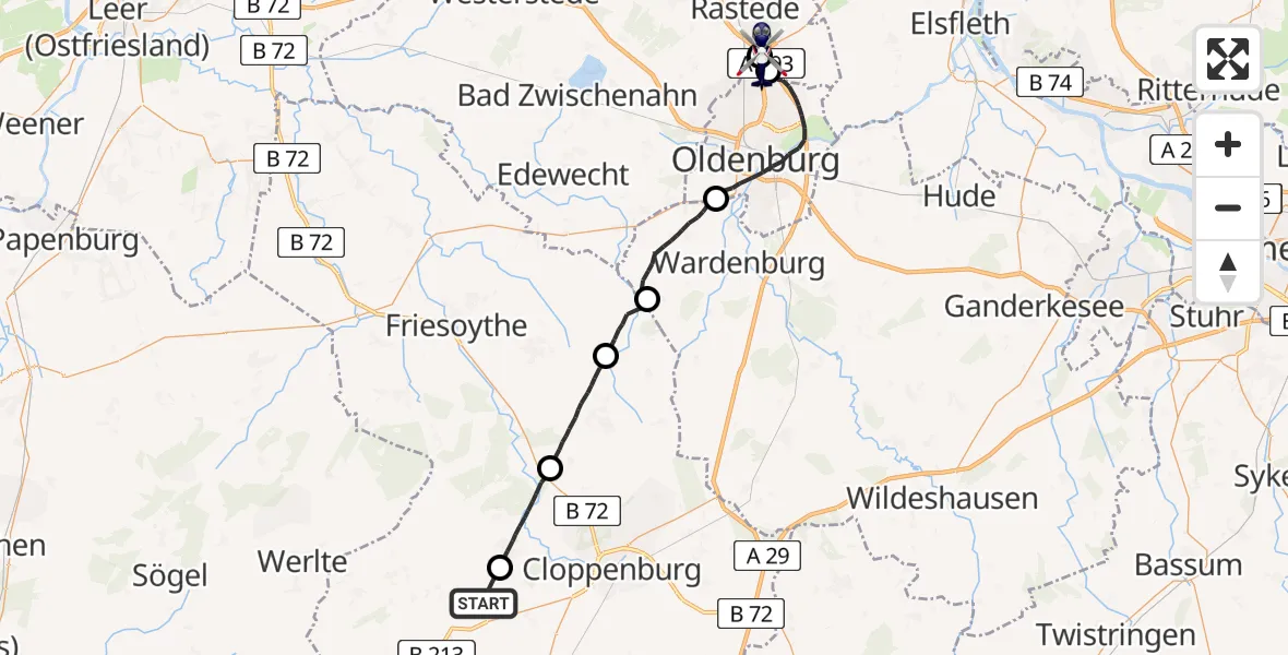 Flugroute Polizeihubschrauber Lastrup - Rastede, 23 Juli 2026, 02:28