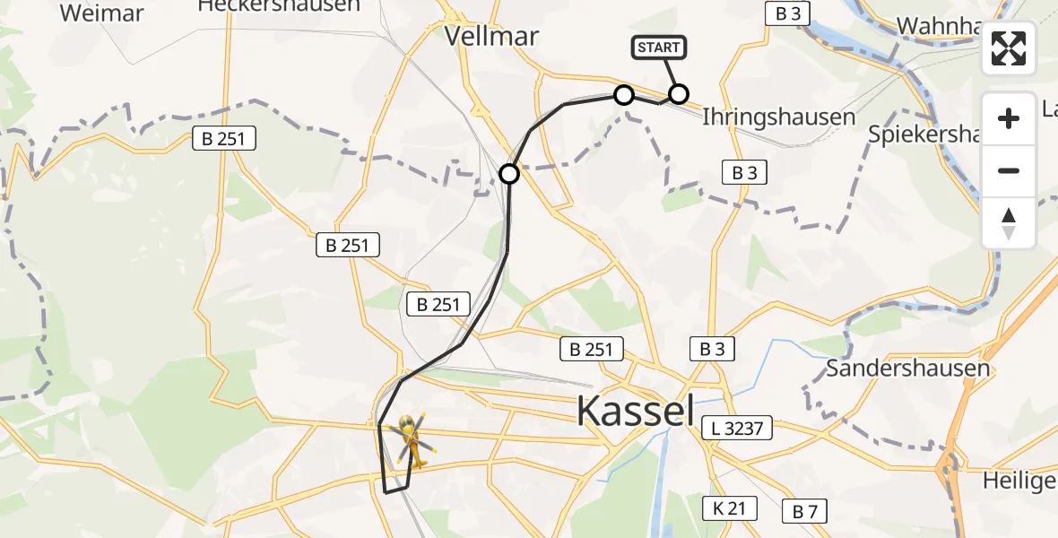 Flugroute Rettungshubschrauber Fuldatal Bundespolizei Hubschrauberlandeplatz - Kassel, 23 Juli 2026, 05:00