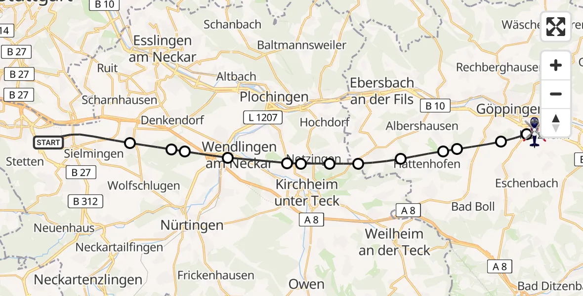 Flugroute Polizeihubschrauber Flughafen Stuttgart - Göppingen, 23 Juli 2026, 05:00