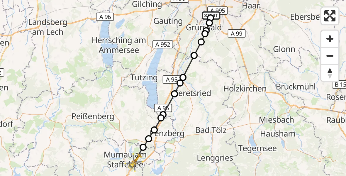 Flugroute Rettungshubschrauber ADAC Air Rescue Center Hubschrauberlandeplatz (Christoph 1) - Riegsee, 23 Juli 2026, 05:03