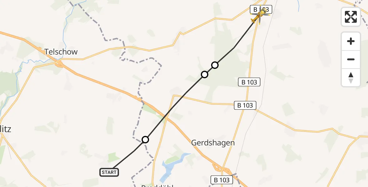 Flugroute Rettungshubschrauber Triglitz - Meyenburg, 23 Juli 2026, 05:18