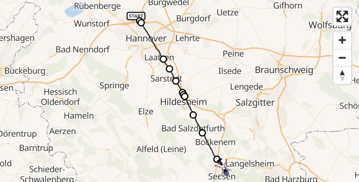 Flugroute Polizeihubschrauber Flughafen Hannover - Seesen, 23 Juli 2026, 05:30