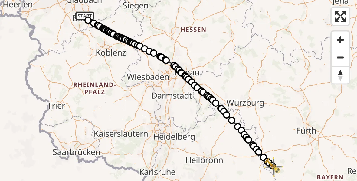 Flugroute Rettungshubschrauber Bonn - Dinkelsbühl, 23 Juli 2026, 05:50