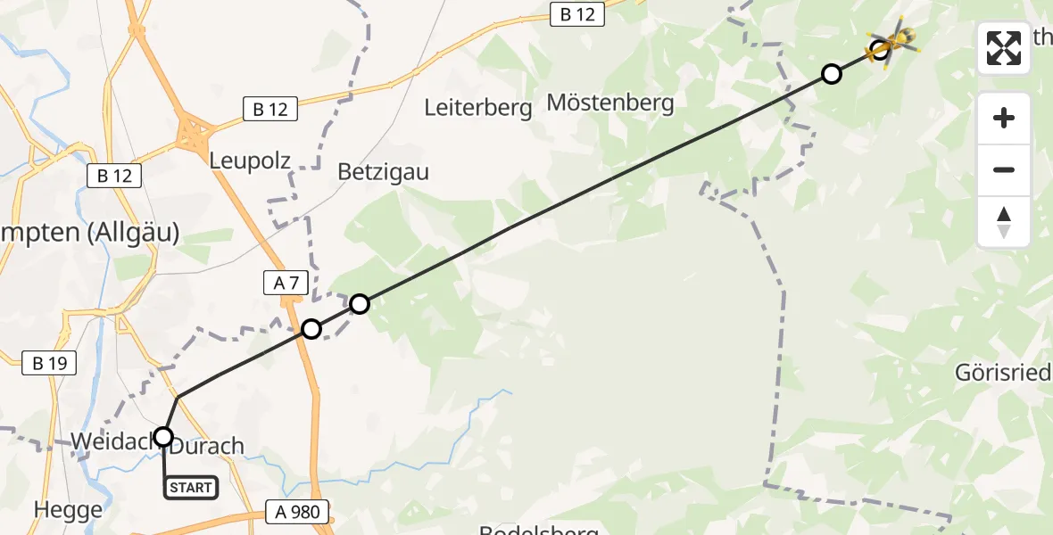 Flugroute Rettungshubschrauber Kempten-Durach Flugplatz - Unterthingau, 23 Juli 2026, 05:57