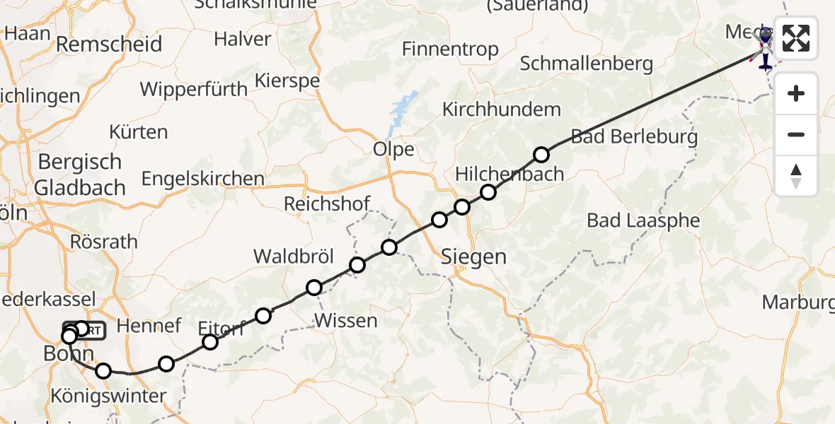 Flugroute Polizeihubschrauber Sankt Augustin - Medebach, 23 Juli 2026, 06:09