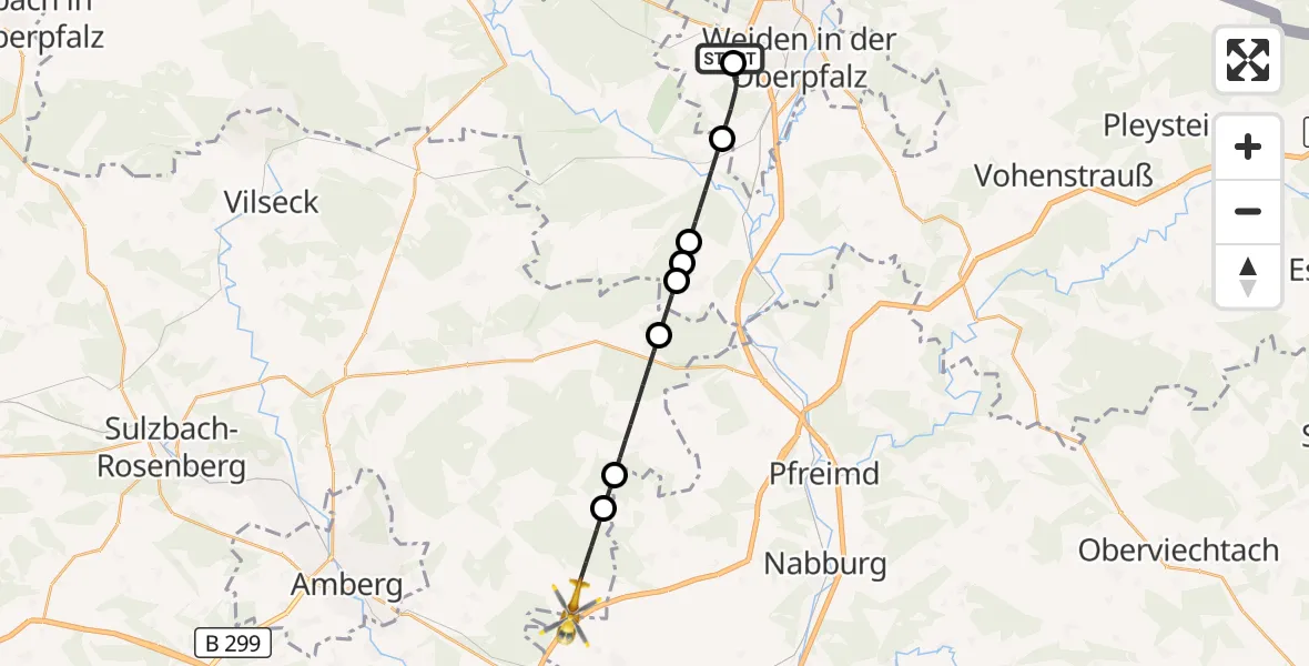 Flugroute Ambulanzhubschrauber Weiden in der Oberpfalz Flugplatz - Freudenberg, 23 Juli 2026, 06:22
