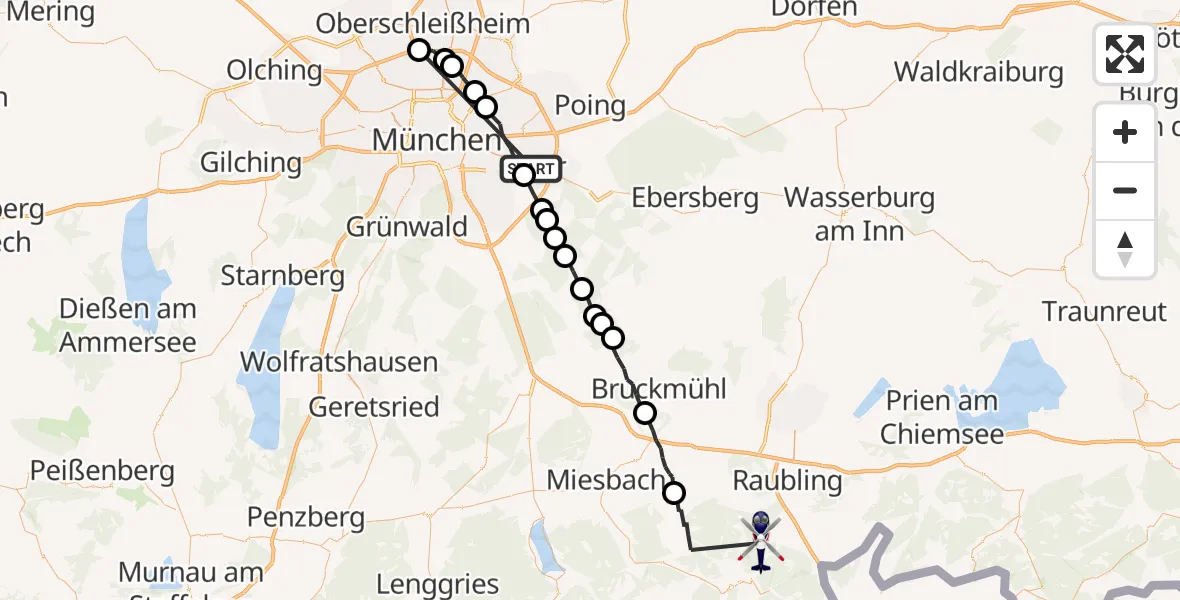 Flugroute Polizeihubschrauber Haar - Brannenburg, 23 Juli 2026, 06:30