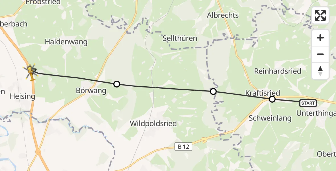 Flugroute Rettungshubschrauber Unterthingau - Haldenwang, 23 Juli 2026, 06:34