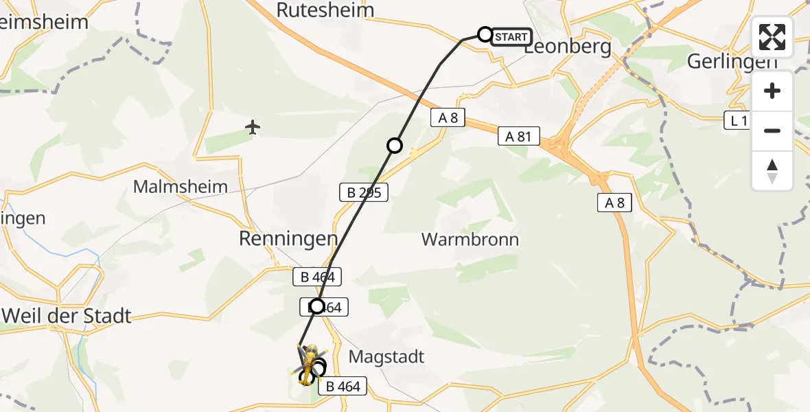 Flugroute Rettungshubschrauber Leonberg Hospital - Renningen, 23 Juli 2026, 06:37