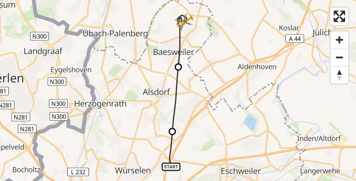 Flugroute Rettungshubschrauber Würselen - Baesweiler, 23 Juli 2026, 06:38