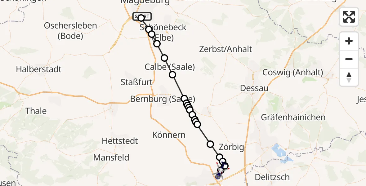 Flugroute Polizeihubschrauber Magdeburg City Flugplatz - Landsberg, 23 Juli 2026, 06:40