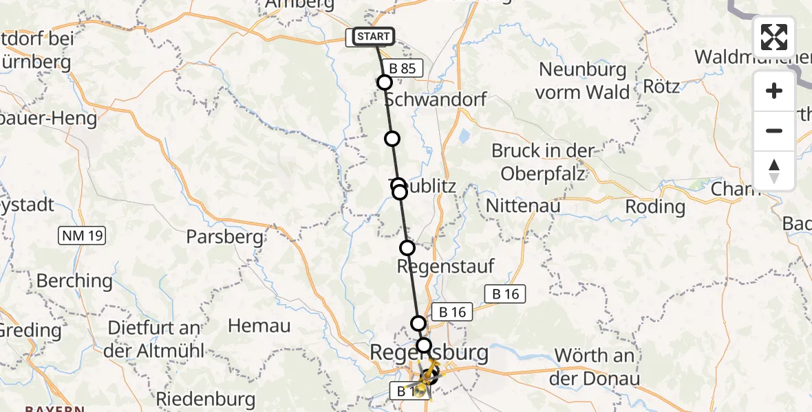 Flugroute Ambulanzhubschrauber Ebermannsdorf - DRF Air Rescue Station Regensburg / Regensburg University Hospital, 23 Juli 2026, 06:48