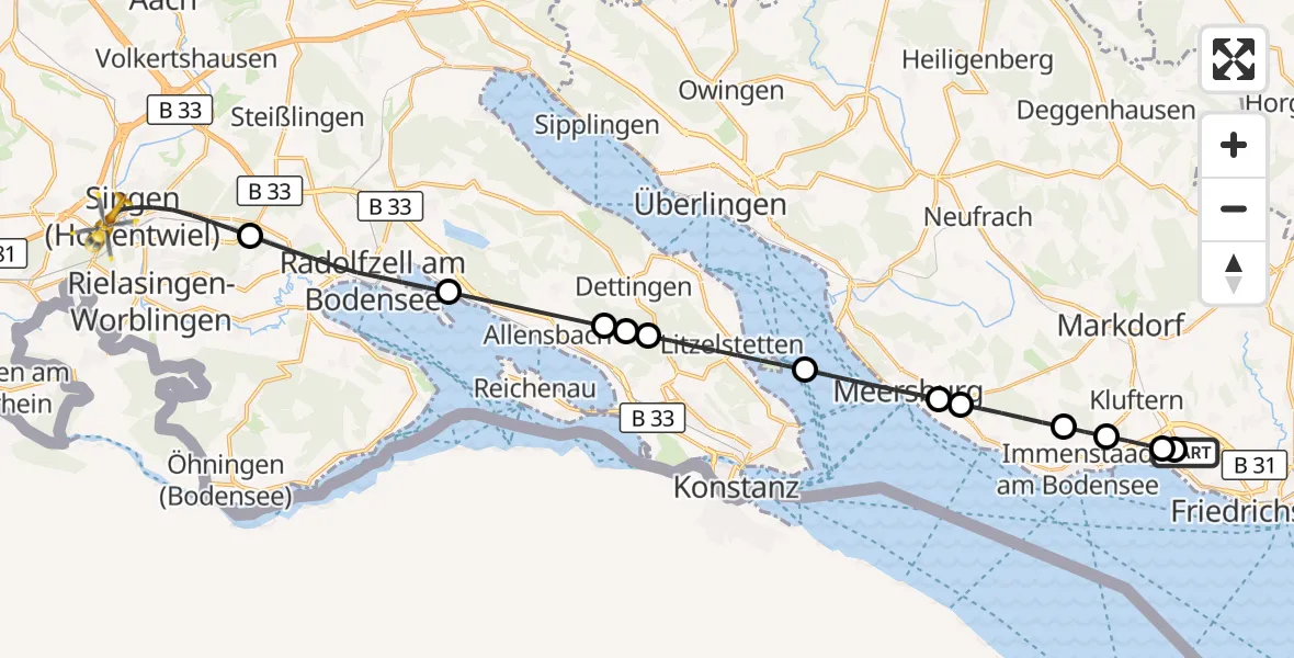 Flugroute Rettungshubschrauber Friedrichshafen Hospital - Singen (Hohentwiel), 23 Juli 2026, 06:49