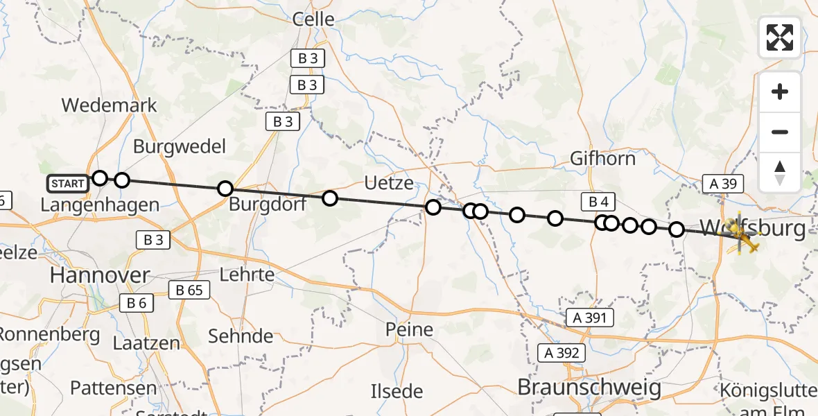 Flugroute Rettungshubschrauber Flughafen Hannover - Wolfsburg, 23 Juli 2026, 06:51