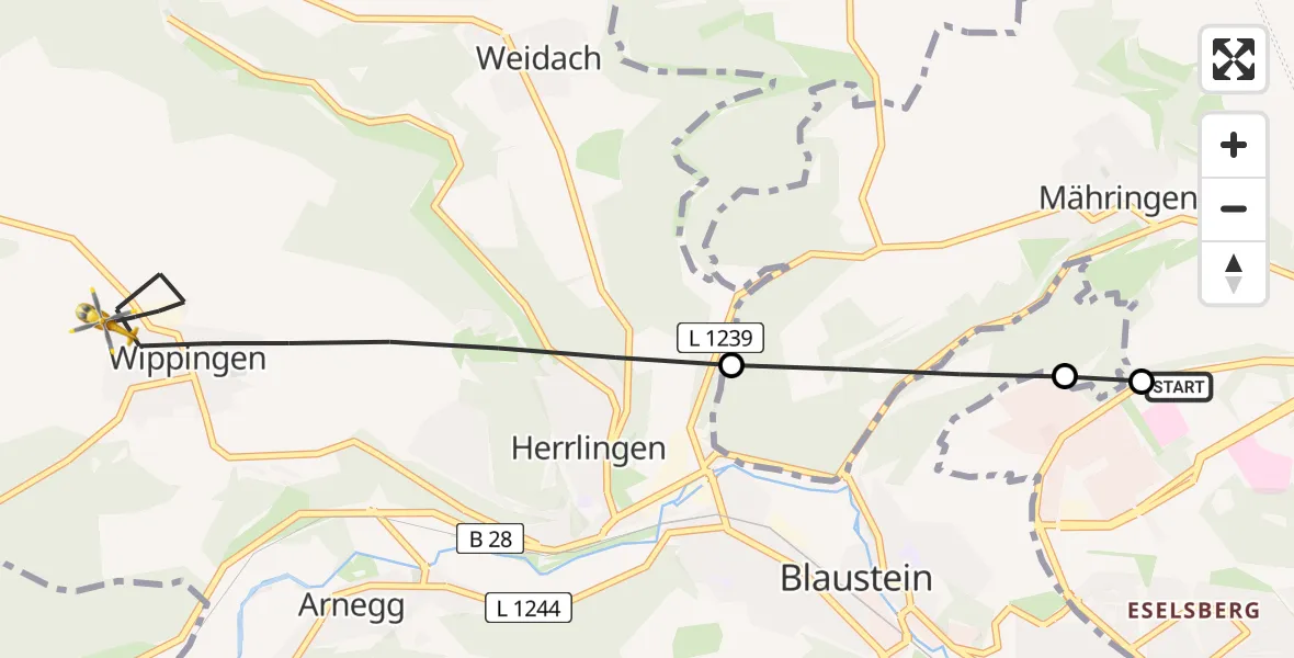 Flugroute Rettungshubschrauber Ulm Military Hospital Emergency - Blaustein, 23 Juli 2026, 06:58