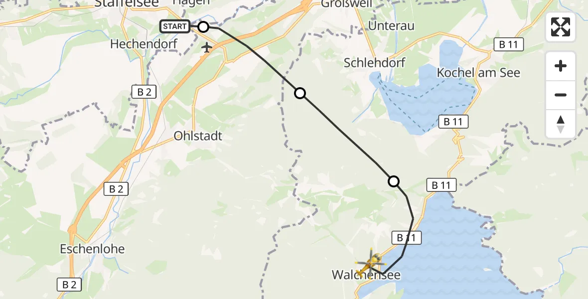 Flugroute Rettungshubschrauber Murnau a.Staffelsee - Kochel a.See, 23 Juli 2026, 07:10