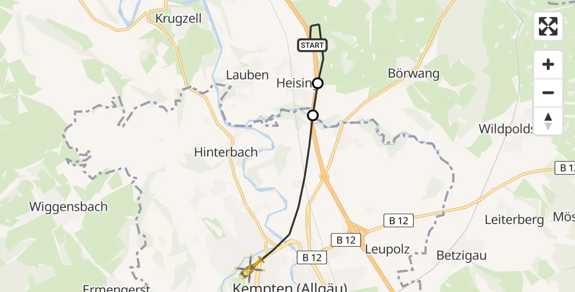 Flugroute Rettungshubschrauber Haldenwang - Kempten (Allgäu), 23 Juli 2026, 07:17