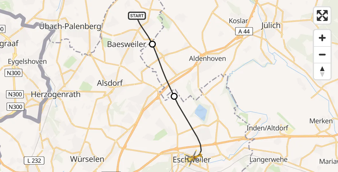 Flugroute Rettungshubschrauber Baesweiler - Eschweiler, 23 Juli 2026, 07:18