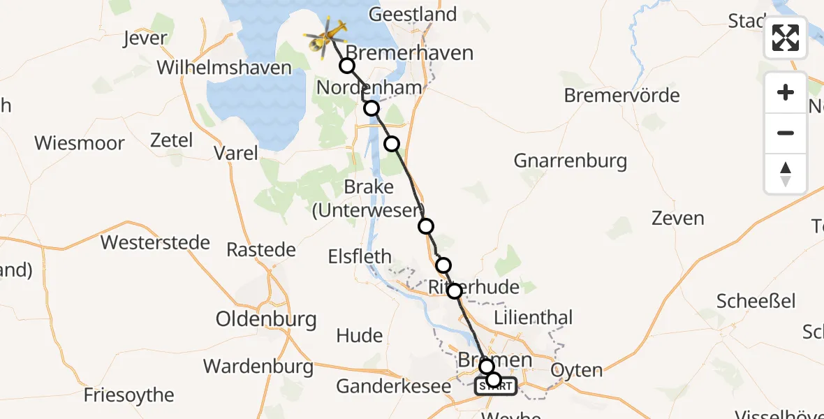 Flugroute Rettungshubschrauber Bremen - Butjadingen, 23 Juli 2026, 07:20