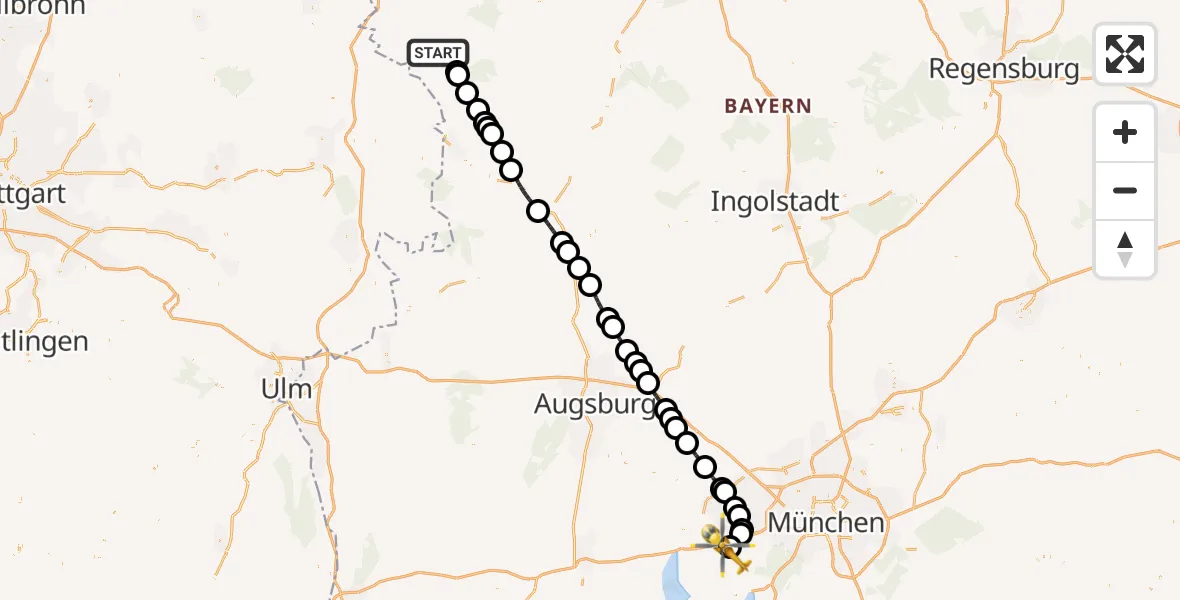 Flugroute Rettungshubschrauber Weiltingen - Oberpfaffenhofen Flughafen, 23 Juli 2026, 07:20