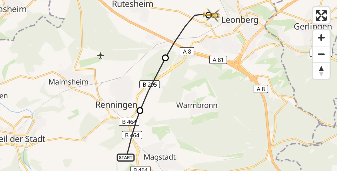 Flugroute Rettungshubschrauber Magstadt - Leonberg Hospital, 23 Juli 2026, 07:22