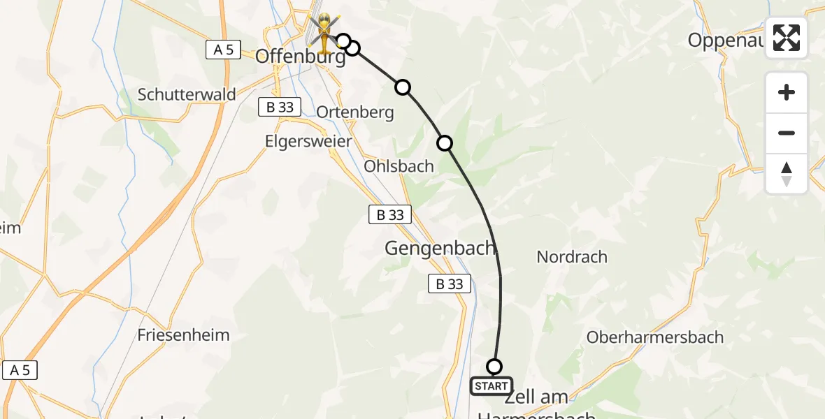 Flugroute Rettungshubschrauber Biberach - Offenburg, 23 Juli 2026, 07:27