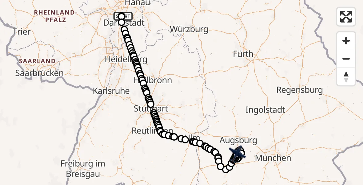 Flugroute Polizeiflugzeug Flughafen Frankfurt-Egelsbach - Lechfeld Militärflugplatz, 23 Juli 2026, 07:27