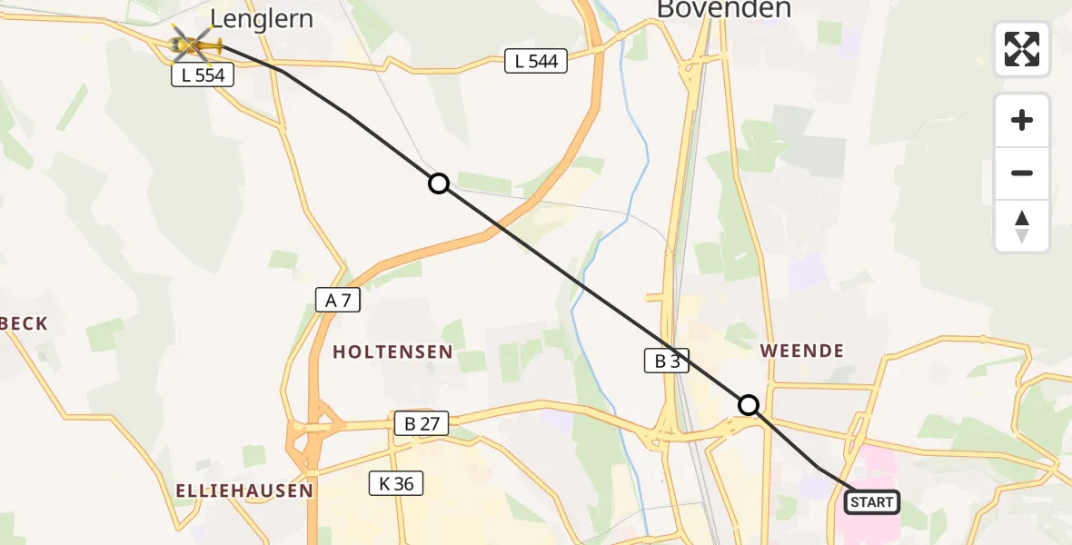 Flugroute Rettungshubschrauber Göttingen University Clinic Hubschrauberlandeplatz - Bovenden, 23 Juli 2026, 07:27