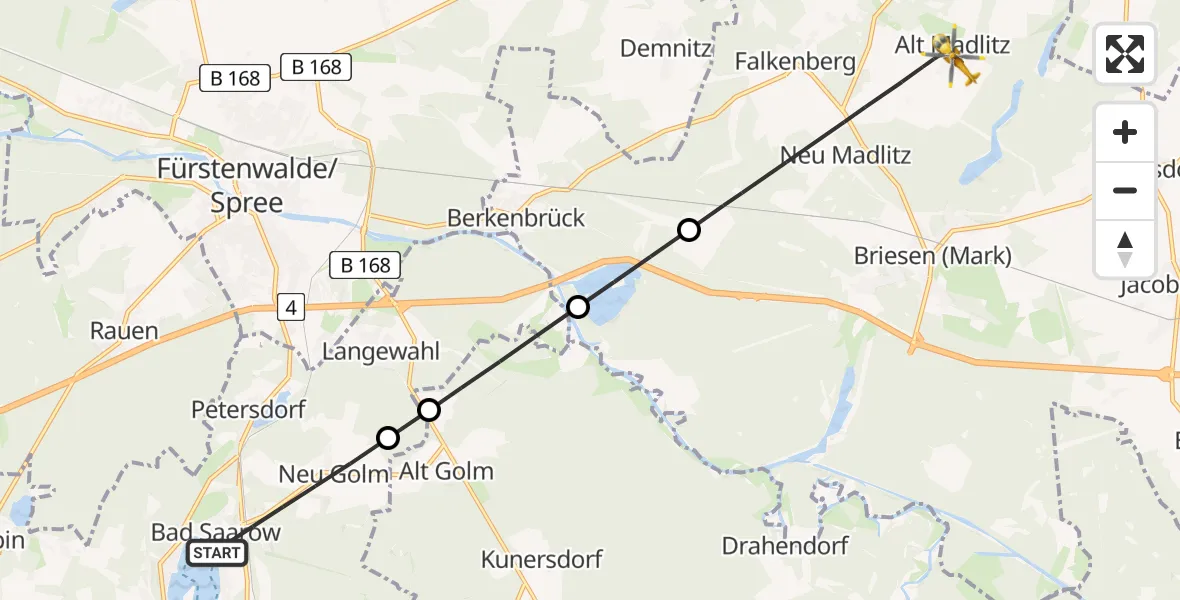 Flugroute Rettungshubschrauber Bad Saarow - Briesen (Mark), 23 Juli 2026, 07:34