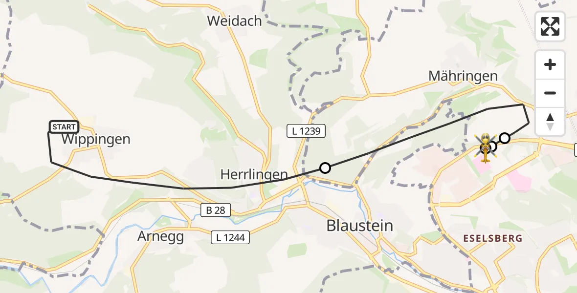 Flugroute Rettungshubschrauber Blaustein - ADAC Air Rescue Station Ulm (Christoph 22), 23 Juli 2026, 07:35