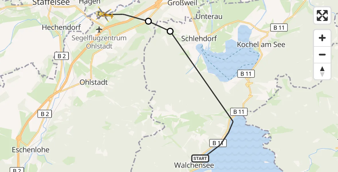 Flugroute Rettungshubschrauber Kochel a.See - Ohlstadt, 23 Juli 2026, 07:38