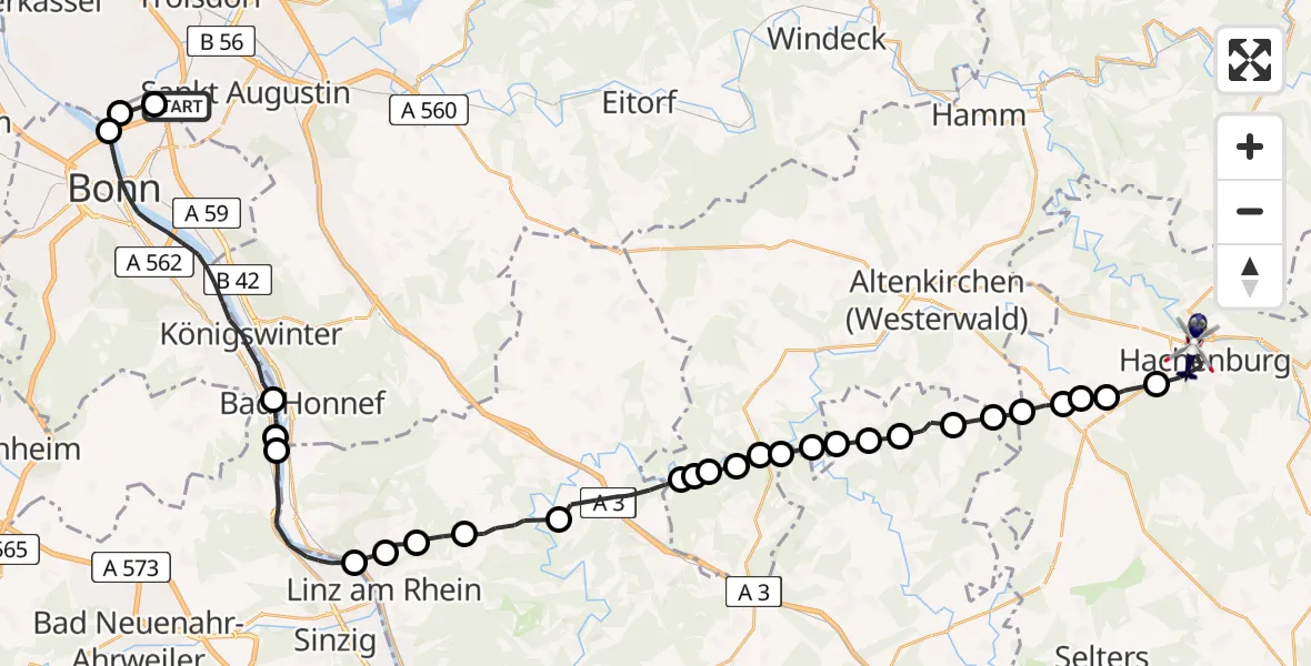 Flugroute Polizeihubschrauber Sankt Augustin - Hachenburg, 23 Juli 2026, 07:39