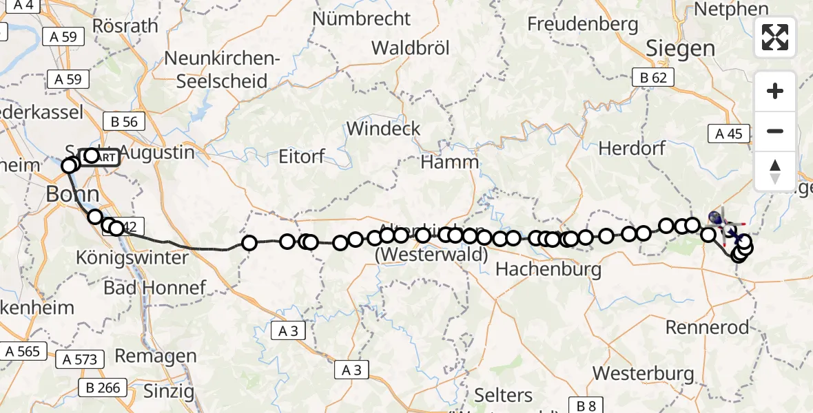 Flugroute Polizeihubschrauber Sankt Augustin - Siegerland Flughafen, 23 Juli 2026, 07:43
