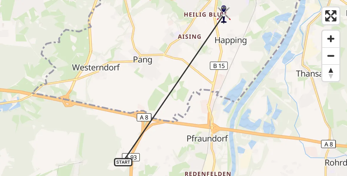 Flugroute Polizeihubschrauber Raubling - Rosenheim, 23 Juli 2026, 07:45