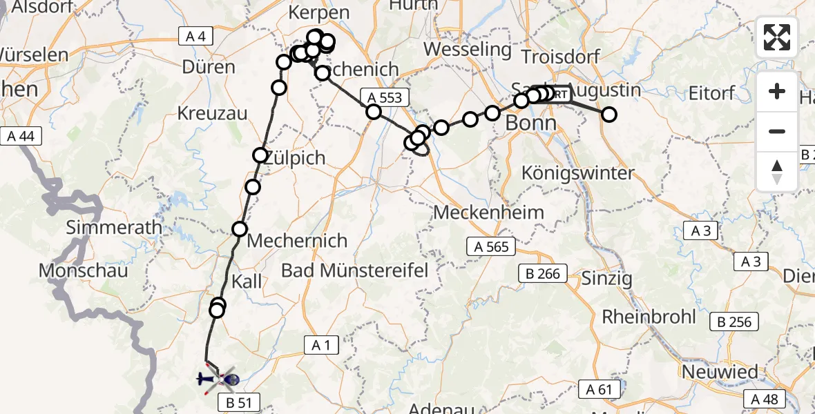 Flugroute Polizeihubschrauber Sankt Augustin - Dahlem, 23 Juli 2026, 07:45