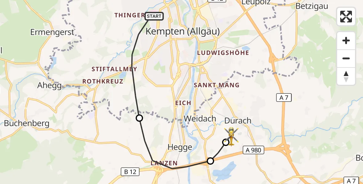 Flugroute Rettungshubschrauber Kempten (Allgäu) - Kempten-Durach Flugplatz, 23 Juli 2026, 07:45