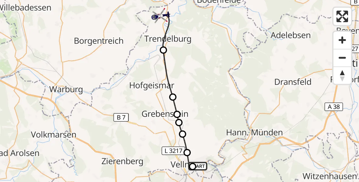 Flugroute Polizeihubschrauber Fuldatal Bundespolizei Hubschrauberlandeplatz - Hölleberg Flugplatz, 23 Juli 2026, 07:46