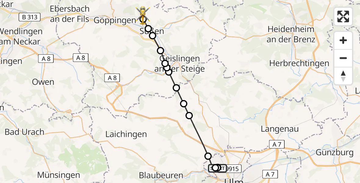 Flugroute Rettungshubschrauber Ulm Military Hospital Emergency - Eislingen/Fils, 23 Juli 2026, 07:47