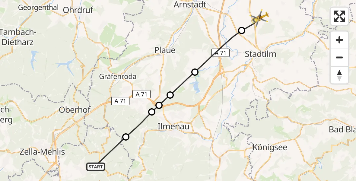 Flugroute Rettungshubschrauber Suhl - Bösleben-Wüllersleben, 23 Juli 2026, 07:48