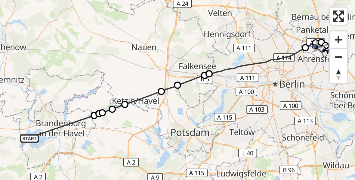 Flugroute Polizeihubschrauber Brandenburg an der Havel - Ahrensfelde Hubschrauberlandeplatz, 23 Juli 2026, 07:49