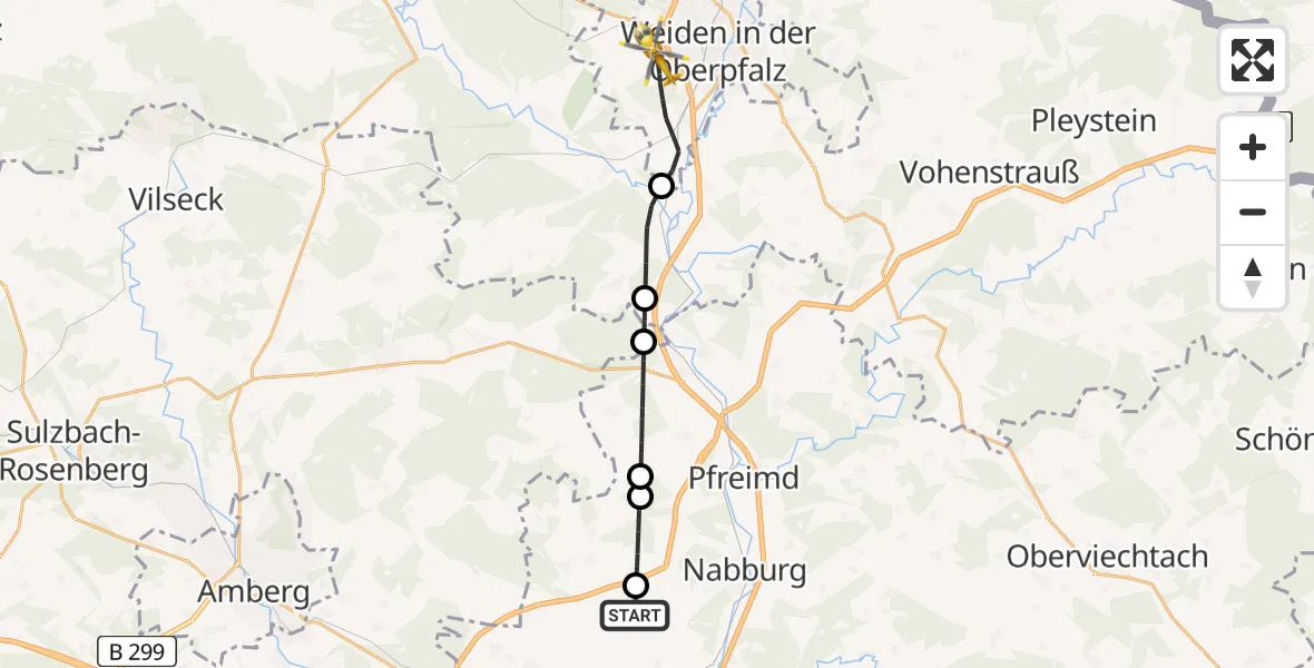 Flugroute Ambulanzhubschrauber Stulln - Weiden i.d.OPf., 23 Juli 2026, 07:51