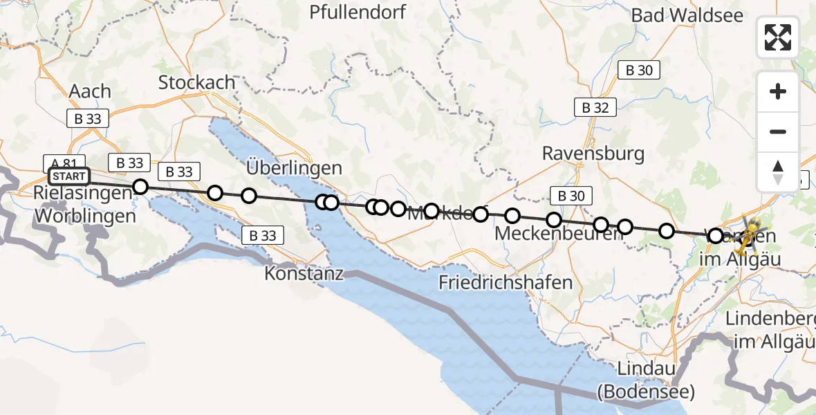 Flugroute Rettungshubschrauber Singen (Hohentwiel) - Westallgäu Clinic Wangen Hubschrauberlandeplatz, 23 Juli 2026, 07:53